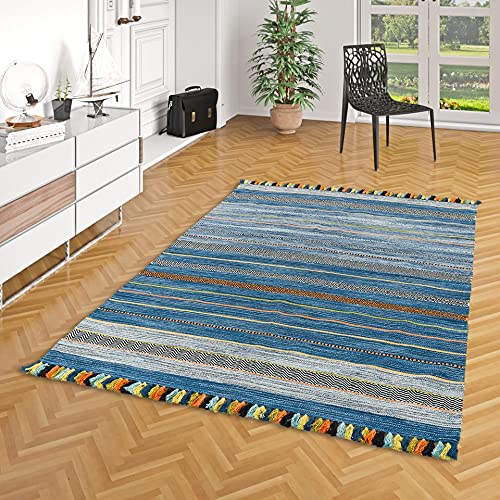 Natur Teppich Bauwolle Kelim Kalleen Blau in 6 Größen