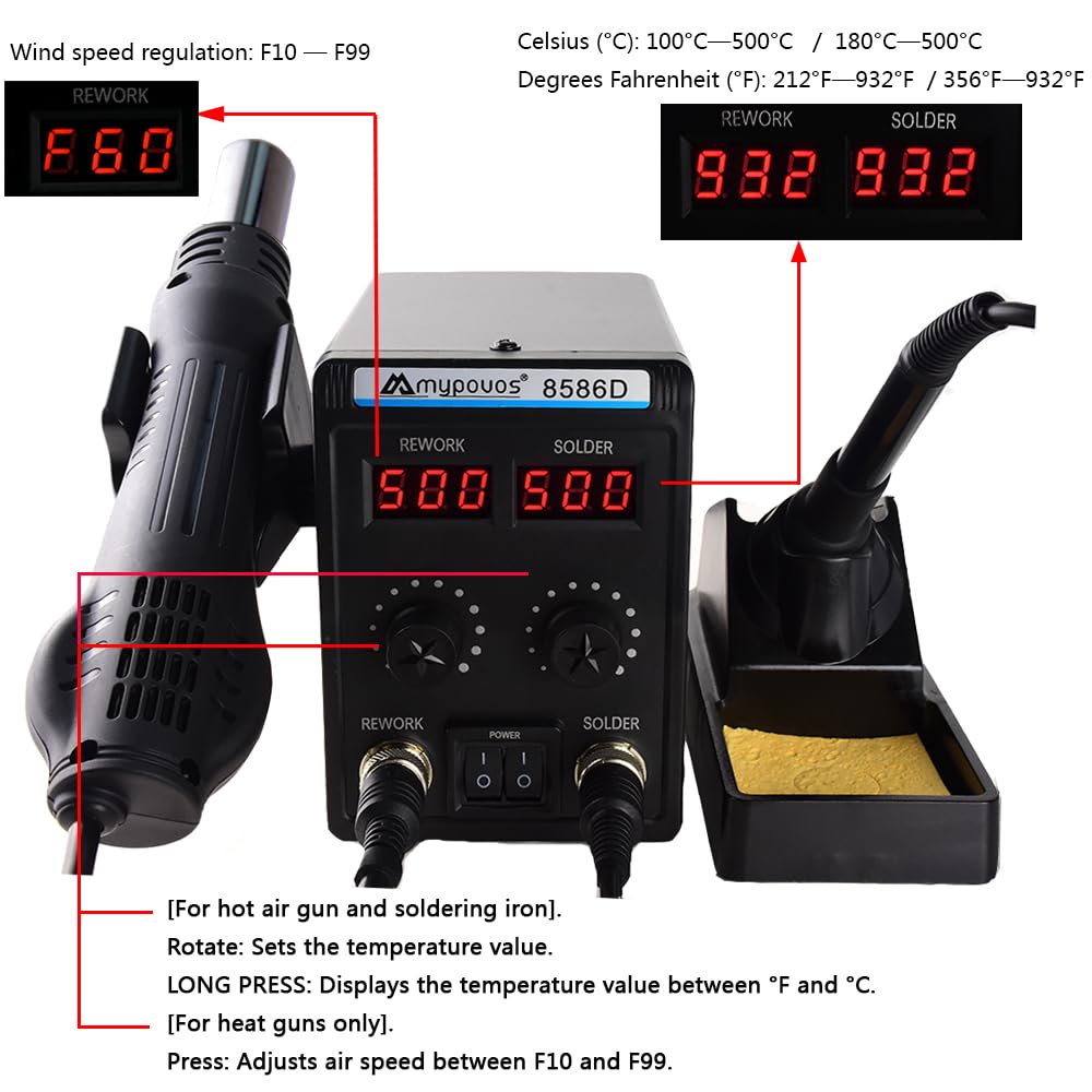 MYPOUOS 8586D 110V Solder Station, 2 in 1 LCD Dual Digital Display SMD Hot Air Gun Rework Station and Soldering Iron,750W
