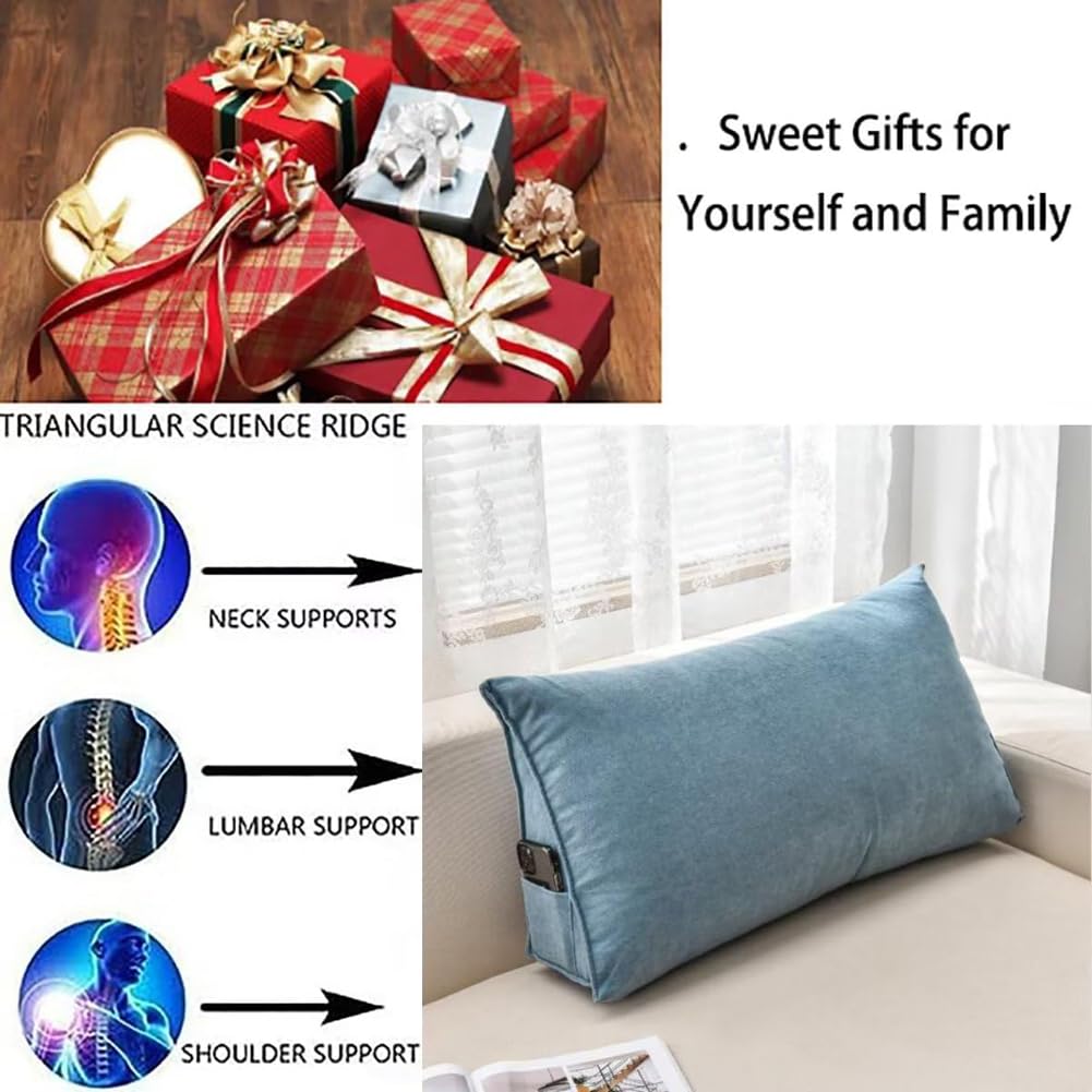 Dreieckiges Rückenkissen zum Sitzen im Bett/Sofa/Couch, Tagesbett-Nackenrolle, Rückenlehne, Couch, Sofa, Keilkissen, Lendenwirbel- und Nackenstützkissen mit abnehmbarem Bezug (Blaugrün, 90 x