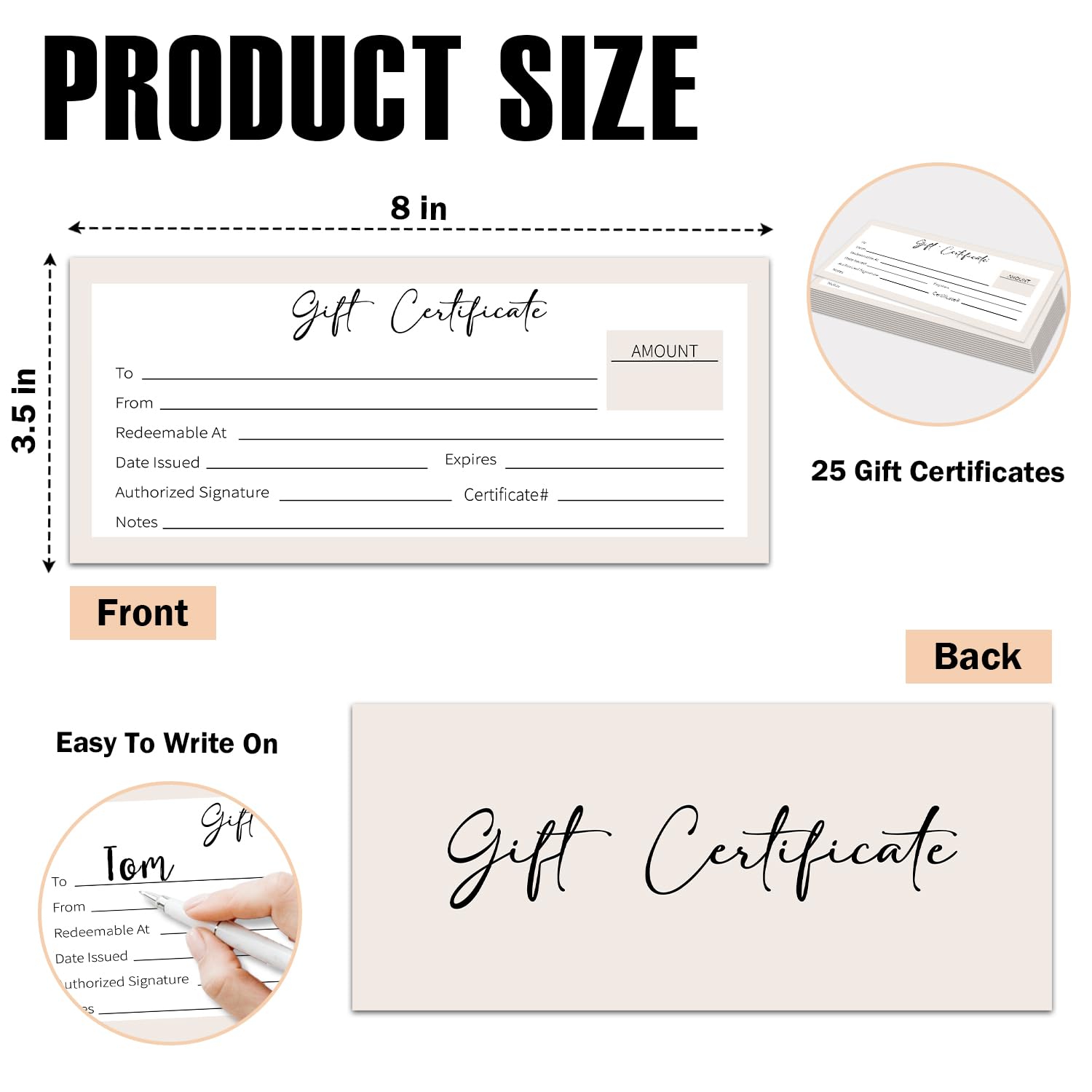 25 certificados de regalo en blanco para negocios, tarjetas de certificado de regalo de doble cara de 3.5 x 8 pulgadas, cupones de papel para spa, salón, restaurantes, cupones de clientes para