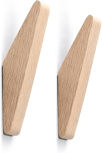 Paquete de 2 ganchos de madera montados en la pared, minimalista, fácil de instalar, madera natural real, linda, moderna, de mediados de siglo,