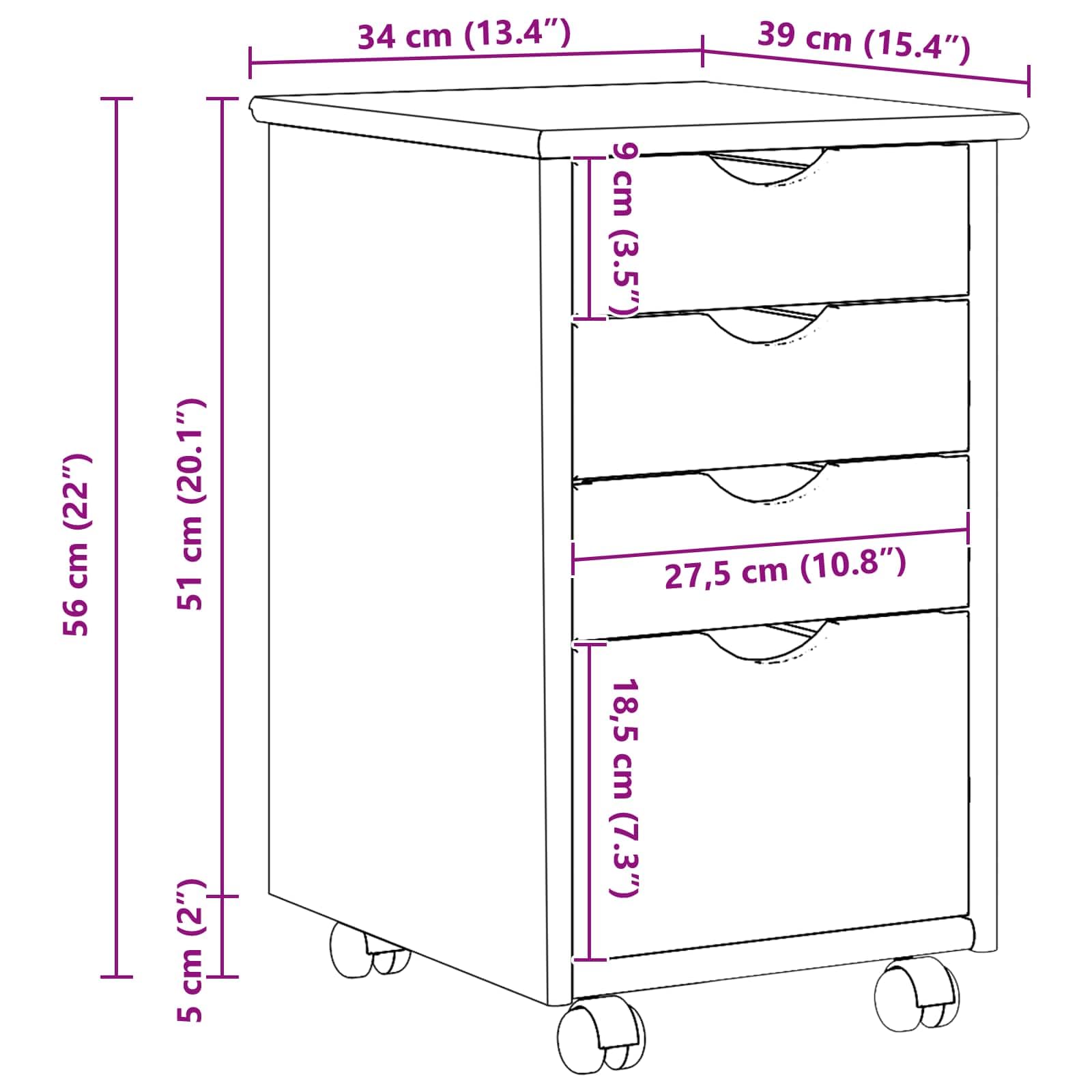 vidaXL Rollschrank Mit Rad Braun 34 x 39 x 56 cm Massives Kiefernholz