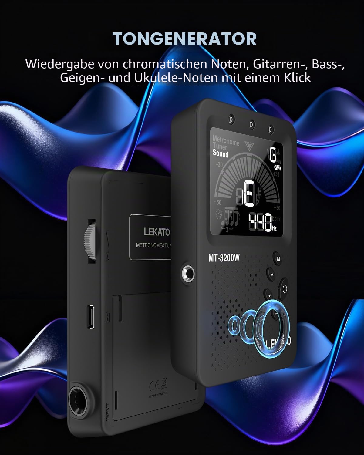 LEKATO Metronom Stimmgerät, Wiederaufladbares 3-in-1 Digital Metronom für Gitarre Bass Violine Ukulele, Vocal Count Option, Farb-LCD-Display Chromatisch Stimmgerät für alle Instrumente, Schwarz