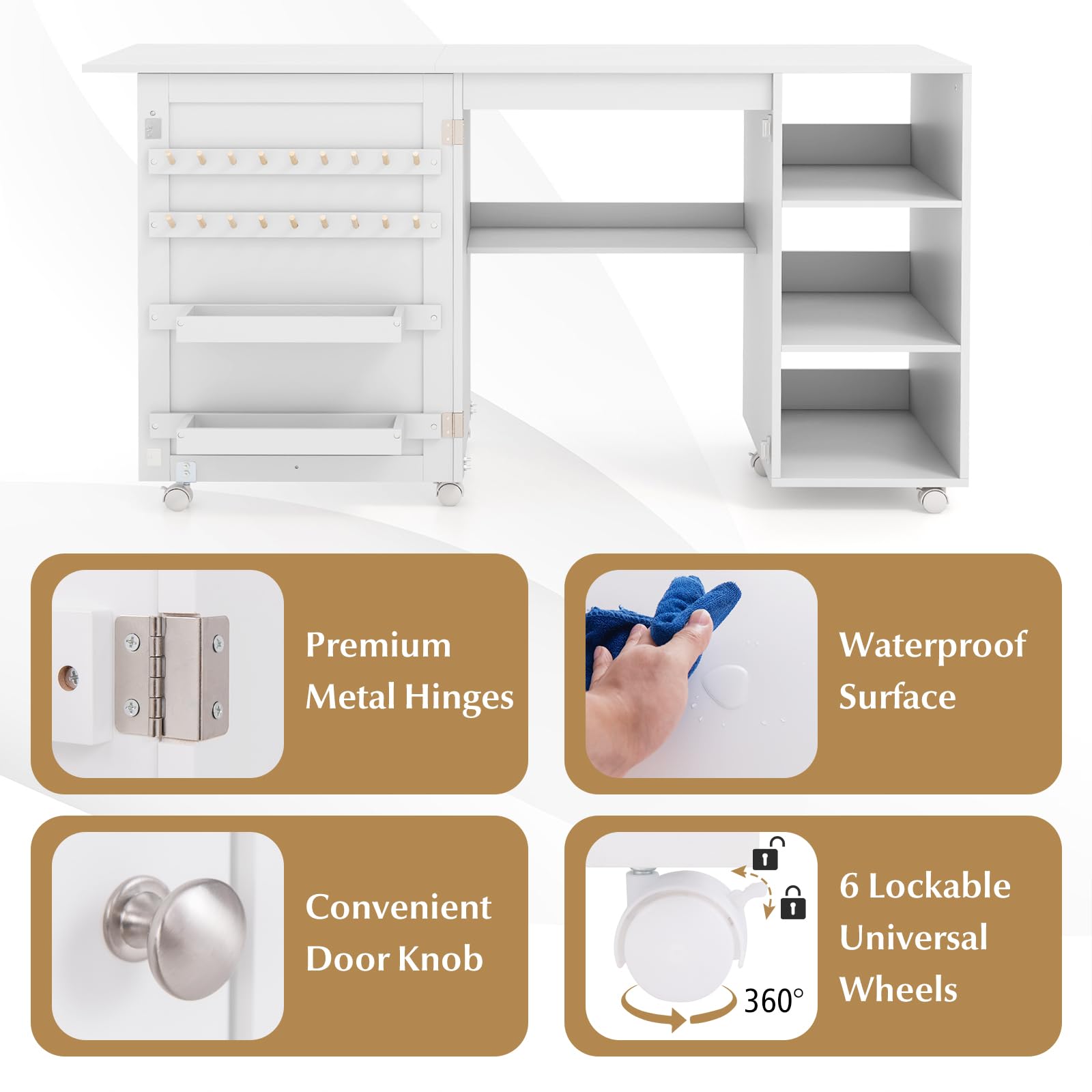 GIANTEX Armario de Costura Plegable con 6 Ruedas, Mesa de Coser con 3 Estantes Abiertos y 18 Portacarretes, 146x50x78 cm, Mesa Multiusos 2 en 1 para Dormitorio, Salón y Estudio, Blanco