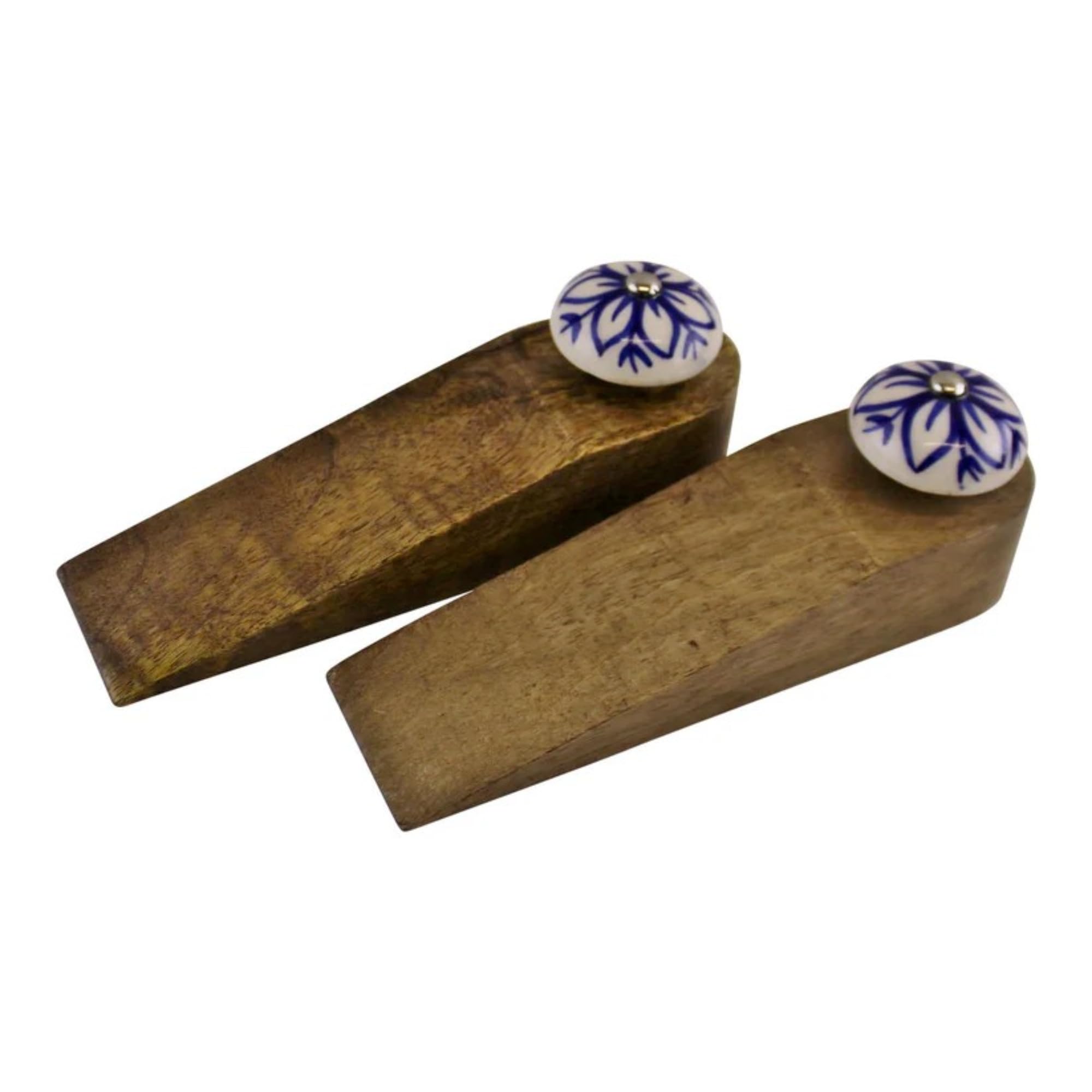 Pair of Mango Wooden Door Wedges With Ceramic Knobs Door Stopper Shabby Chic