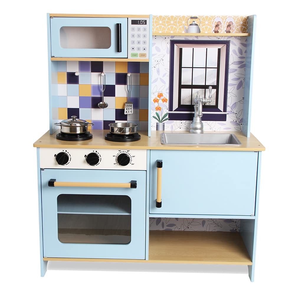 DEQUBE drewniana kuchnia, 2 moduły, nowoczesny design, zabawka kuchenna, ze światłami i dźwiękami, zawiera metalowe akcesoria do zabawy, rozmiar 72 x 30 x 85 cm, niebieski (913D00013)