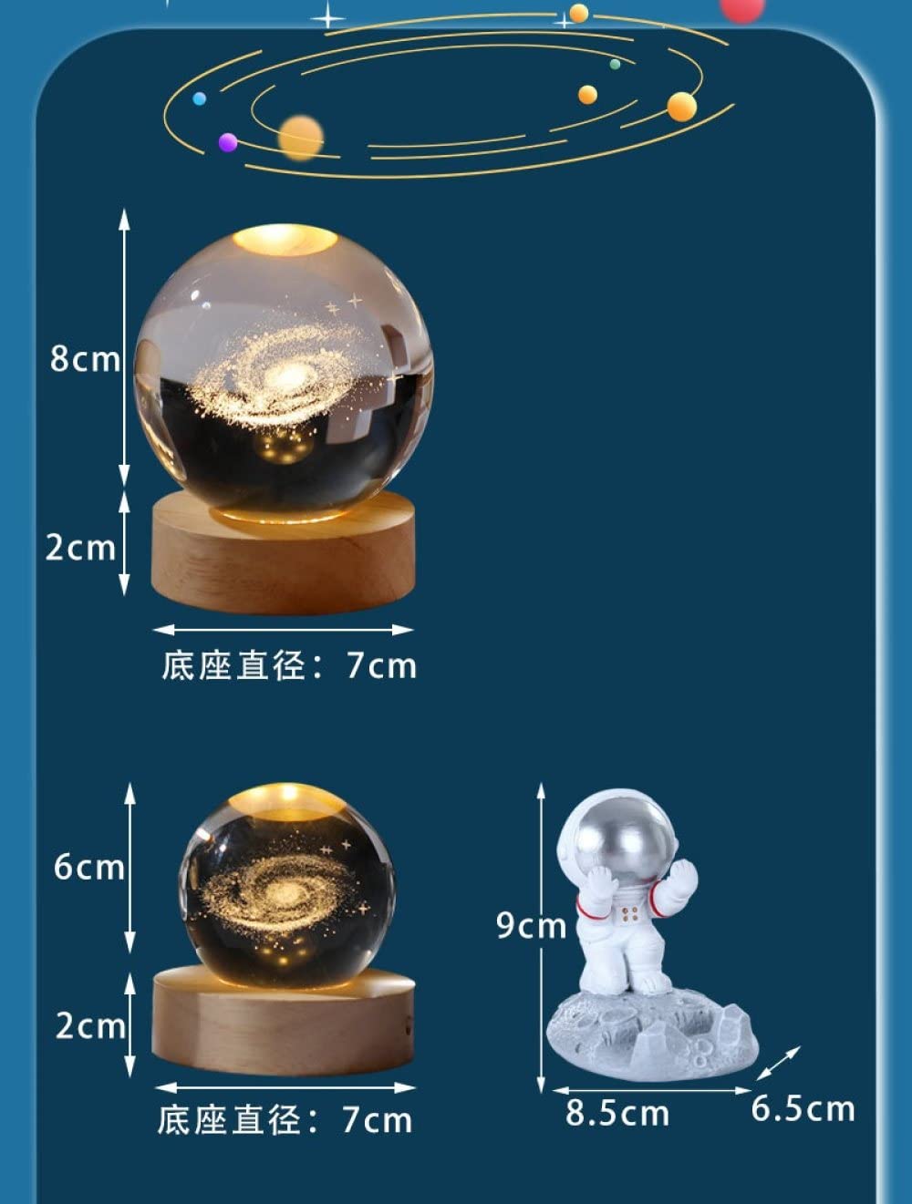 VVW&LIU Bola de Cristal Astronauta de Cristal Planeta Globo Bola del Sistema Solar grabada en 3D con Interruptor táctil Base de luz LED Astronomía, Bola de cristal5,8cm