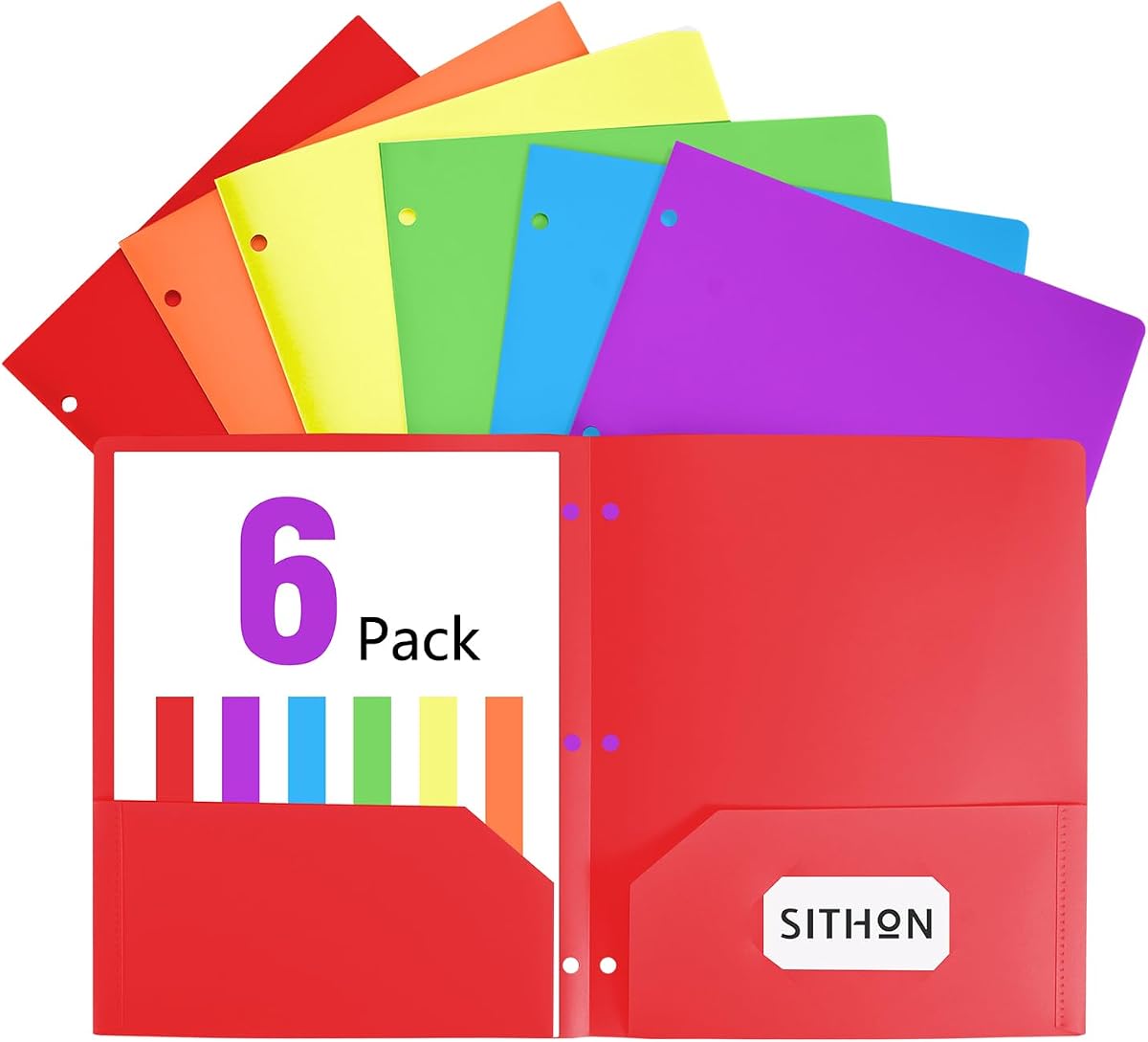 SITHON 6 Pack 2-Pocket Folder for 3-Ring Binders, Durable File Folders | Tear Resistant Folder with Card Slot for 8.5x11 inch Letter Size, Back to School Office Filing Supplies, Bright Colors