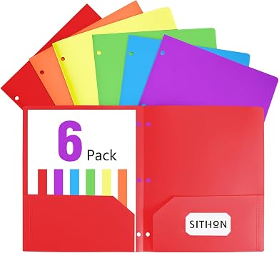 SITHON 6 Pack 2-Pocket Folder for 3-Ring Binders, Durable File Folders with Business Card Slot, Tear Resistant Folder for 8.5x11 inch Letter Size, Back to School Office Filing Supplies, Bright Colors