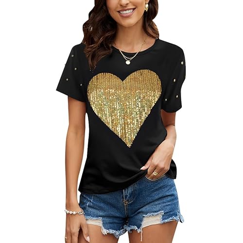 PESION Womens Short Sleeve T-Shirt Sequined Tops O-Neck Funny Graphic Tees Blouse