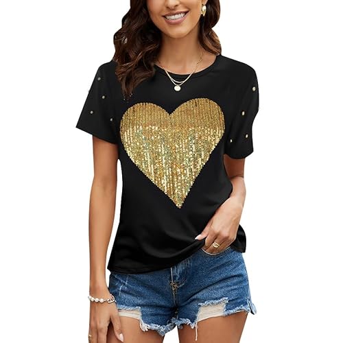 PESION Womens Short Sleeve T-Shirt Sequined Tops O-Neck Funny Graphic Tees Blouse Small Gold Heart / Black