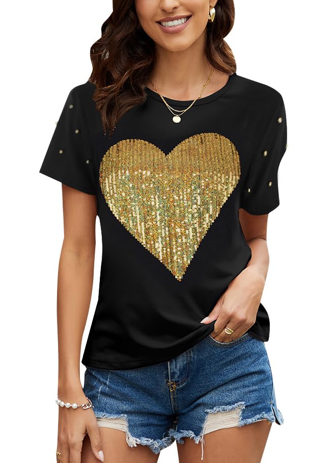 Image of PESION Womens Short Sleeve T-Shirt Sequined Tops O-Neck Funny Graphic Tees Blouse