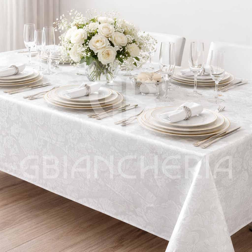 GBiancheria Tovaglia Elegante in Fiandra di Cotone Damascata, Stile Classico Col. Bianco 100% Made in Italy (Set 6 Tovaglioli 50x50cm)