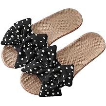 Women's Linen Slippers Polka Dot Bow Summer House Slides Open Toe Soft Sole Breathable Indoor Bedroom Slippers Silent