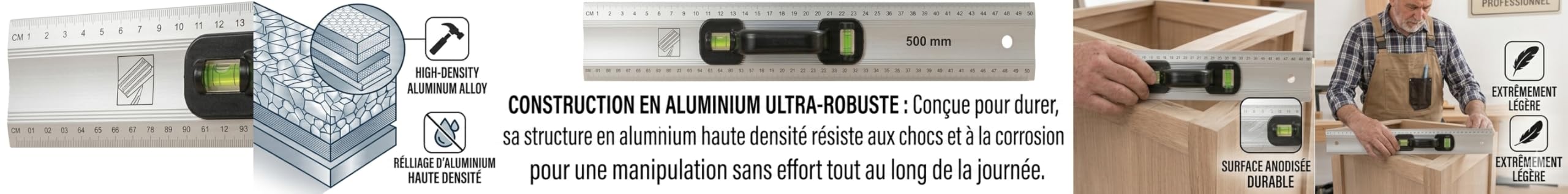 Règle en Aluminium haute densité avec Niveau à Bulle, 500 mm, Anodisée, Légère, pour Menuiserie et Maçonnerie