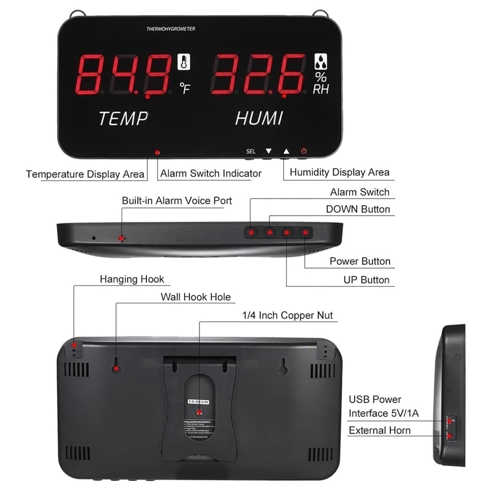 Industrielles Thermohygrometer, LCD-Digitalthermometer mit 5-m-Sensor, Bereich -20–80 °C, Alarmfunktion, für Fabrik, Labor, Zuhause, Büro