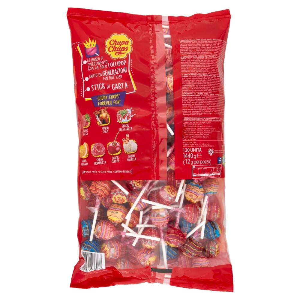 Chupa Chups The Best Of, Lollipop, Gusto Frutti Assortiti, Busta da 120 Lecca Lecca, Ottime da condividere con Amici, Regalo Fine Festa