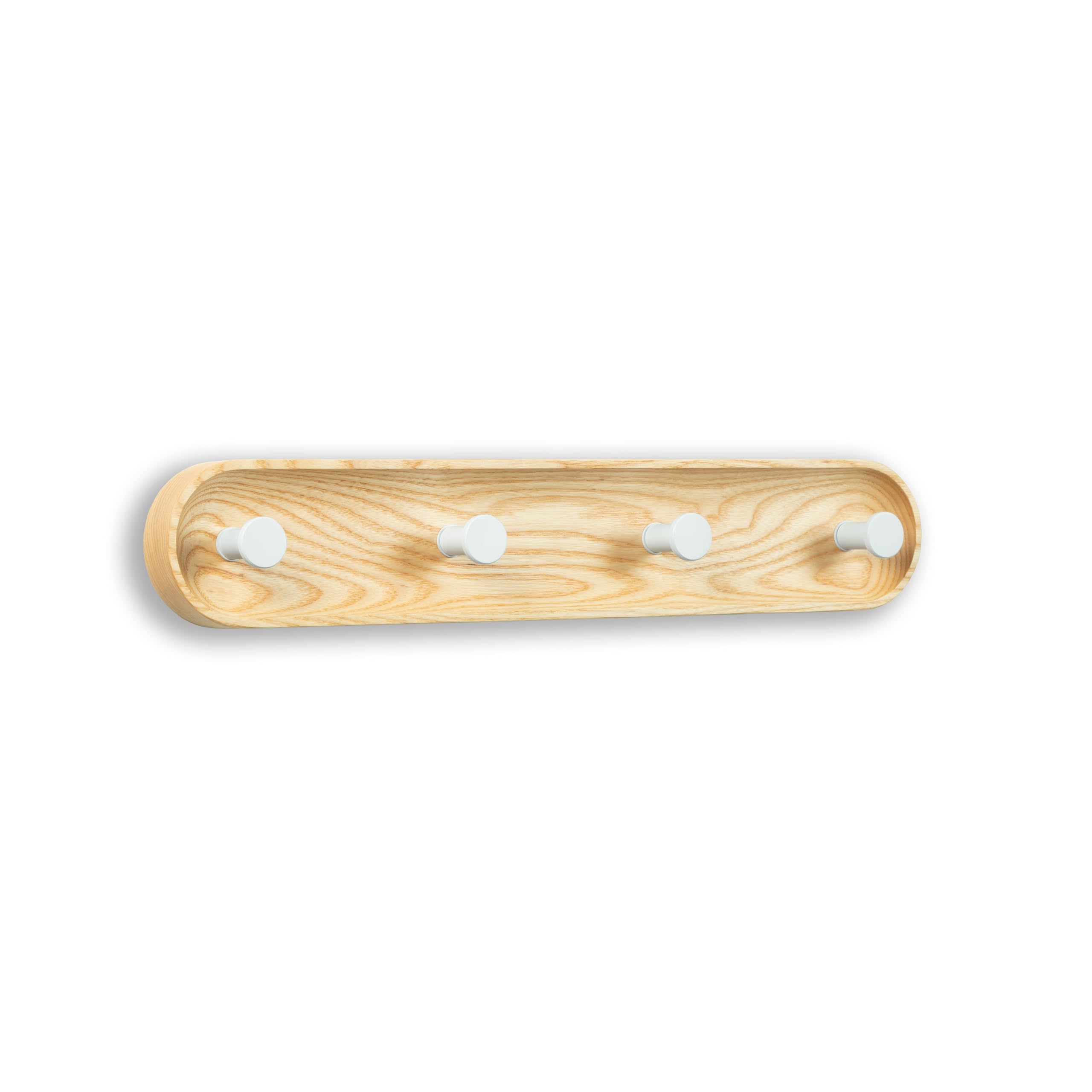 EVI Herrajes | 4-Hook Wall Coat Rack | Solid Ash Wood | White Lacquered Stainless Steel Hooks | Mounting Kit Included | Mod. Cova 4CFRBL