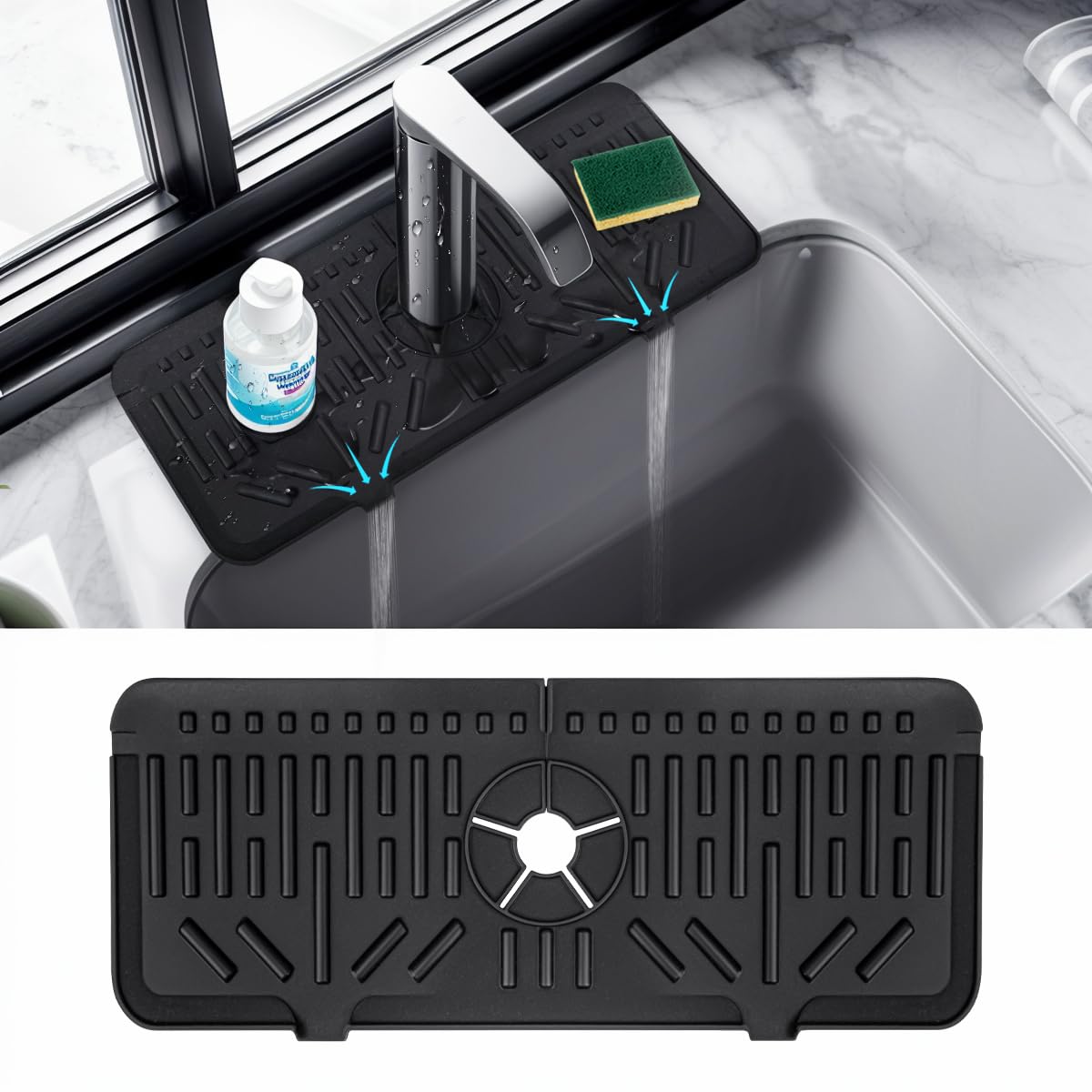 SXhyf Kitchen Sink Splash Guard - Silicone Faucet Handle Drip Catcher Tray, 14” x 5.7”, Faucet Drain Pad, Silicone Draining Mat for Kitchen Sink,Kitchen Gadgets for Kitchen Counter and Bathroom(Black)