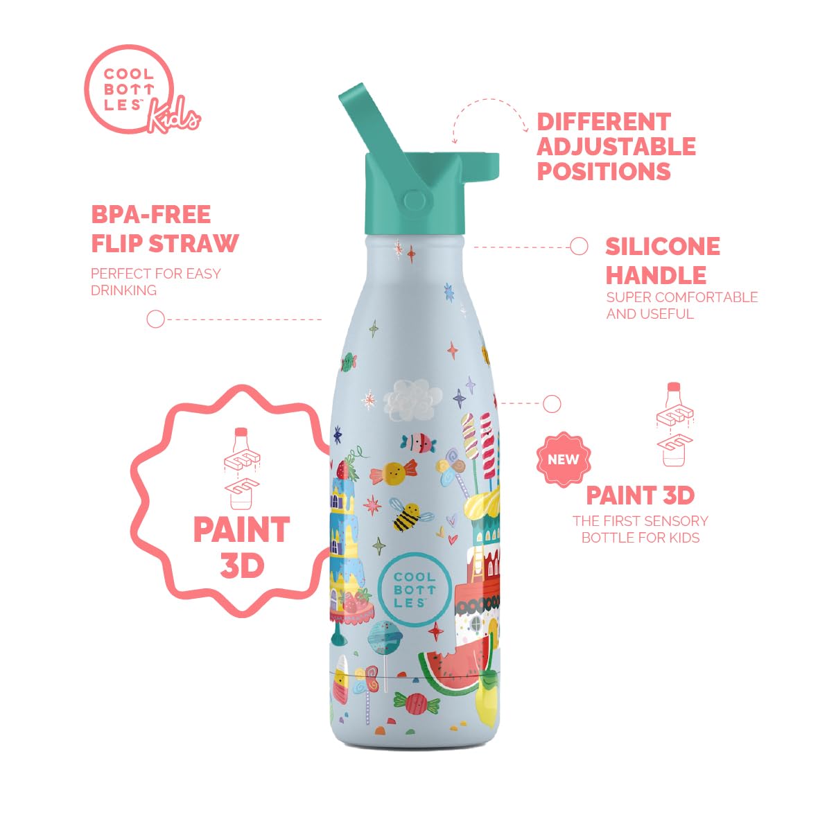 Cool Bottles - Butelka termiczna dla dzieci - Butelka na wodę ze stali nierdzewnej - 350 ml - Candy Land- Zimne napoje 36 godzin i gorące 18 godzin - Wykończenie farbą wytłaczaną - Nie zawiera BPA