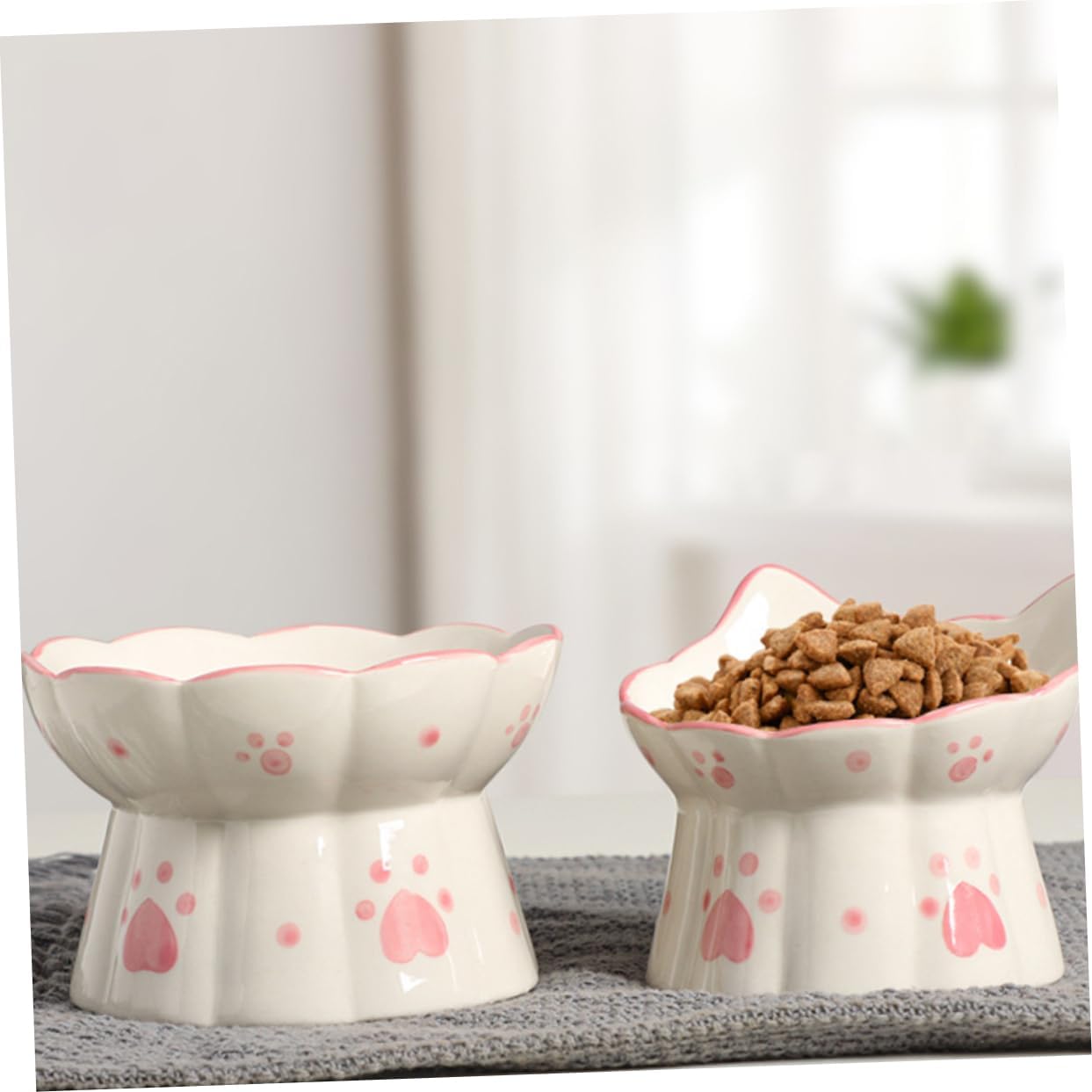 2pcs Elevated Ceramic Cat Bowls with Raised Design and Cat Ear Detail Whisker Friendly Tilted Pet Food and Water Feeders Easy Clean Smooth Surface Bowls