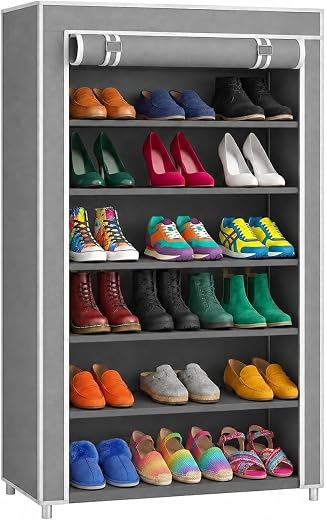 Easy Buy 6 Layer Foldable Shoe Rack Organizer Grey Shoe Plastic Rack 6 Shelves Zip Door With Cover &amp; Side Pocket |Dustproo...