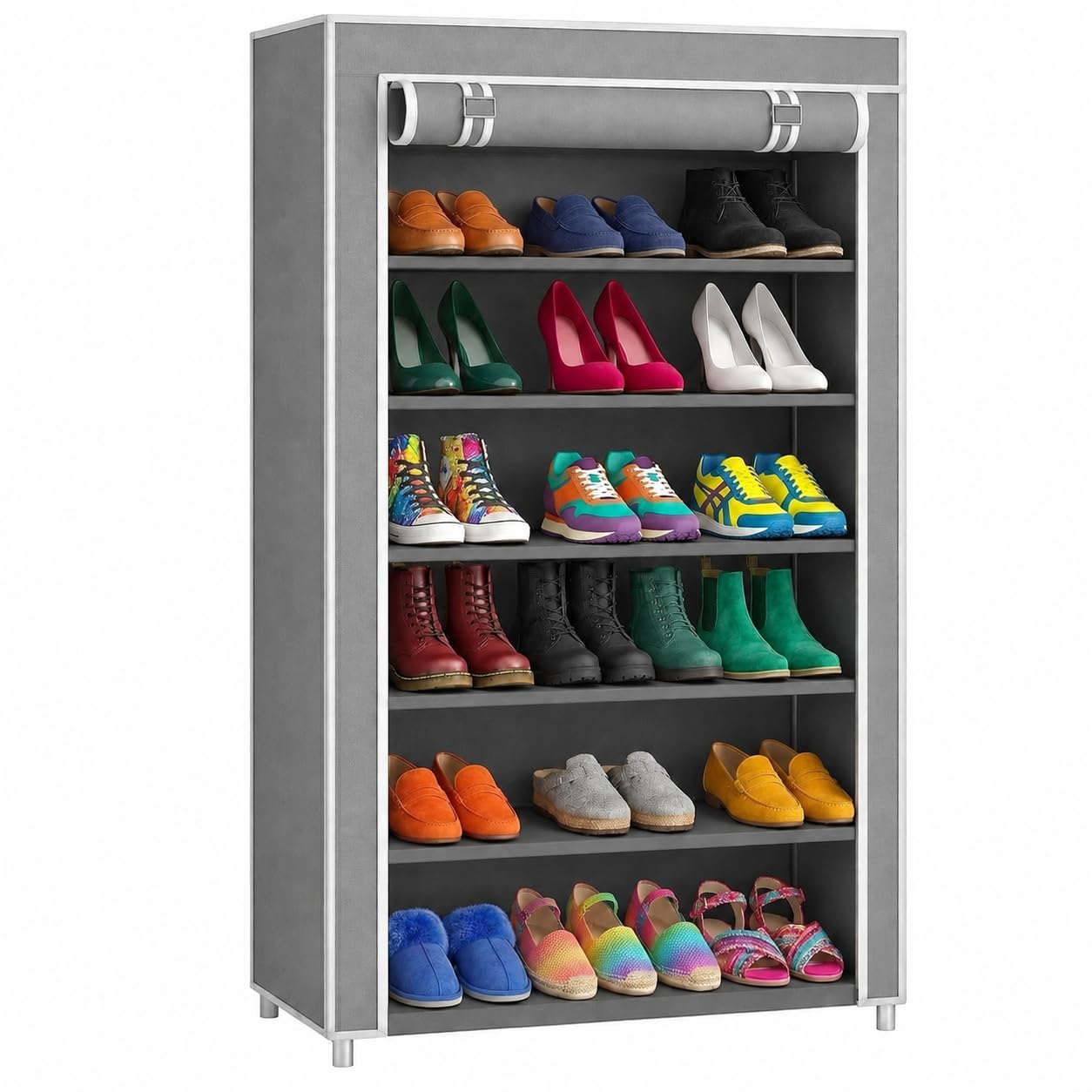 Easy Buy 6 Layer Foldable Shoe Rack Organizer Grey Shoe Plastic Rack 6 Shelves Zip Door With Cover & Side Pocket |Dustproof Storage Organizer for Footwear Multi-Pair Shoe Stand with Side Pocket (Grey)-image-4