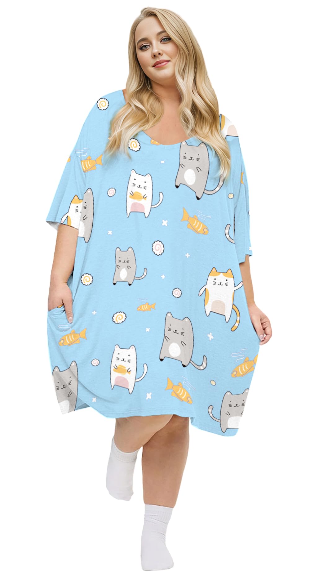 KFUBUO Plus Size Nightgowns for Women V-Neck Sleep Tshirts Dress Pjs Lounge Short Sleeves Sleepwear With Pocket Fit S-5XL