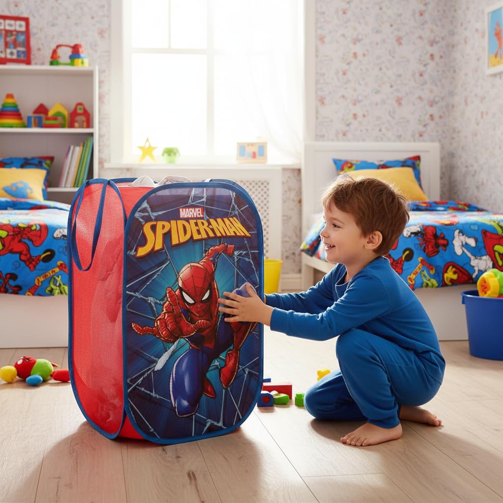 SUPERDIVER - Składany Kosz na Zabawki i Ubrania Spiderman - Oficjalna Licencja Marvel - Idealny do Przechowywania - 36x36x58 cm - Łatwy w Użyciu i Przechowywaniu - Dla Dzieci