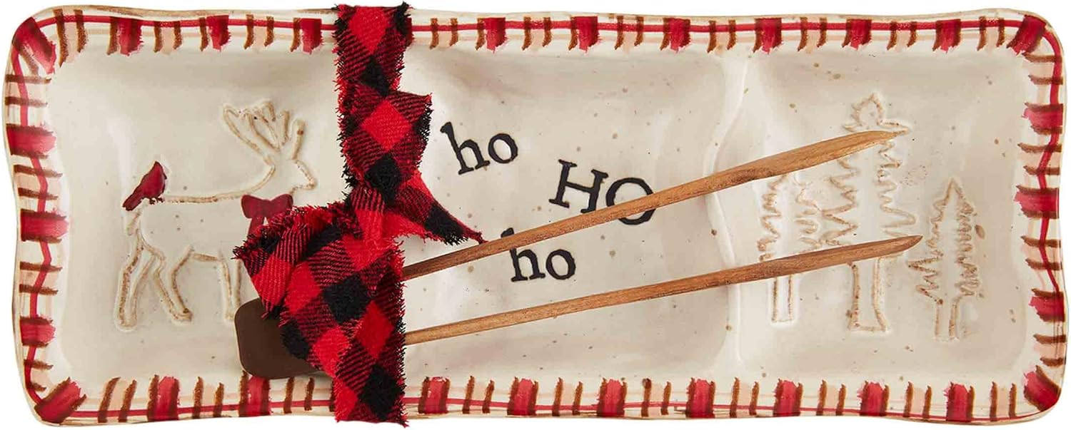 Mud Pie Christmas Ho Ho Ho Triple Tidbit, tray 4 1/2" x 11" | tongs 7"