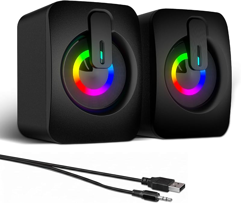 MELOGAGA RGB Computer Speakers, USB Powered 3.5mm Stereo for PC Laptop | Clear Stereo Sound, 7-Color RGB Lighting, USB Plug & Play, Compact Design with Inline Volume Control for Everyday Use