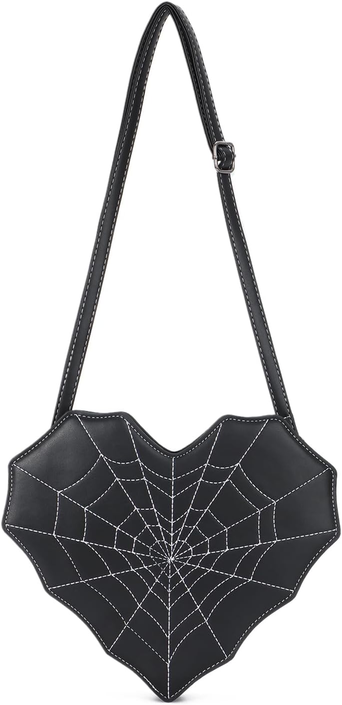 SUKUTU Women Heart Shaped Shoulder Bag Spider Web Gothic Style Backpack Novelty Gothic Leather Crossbody Bag