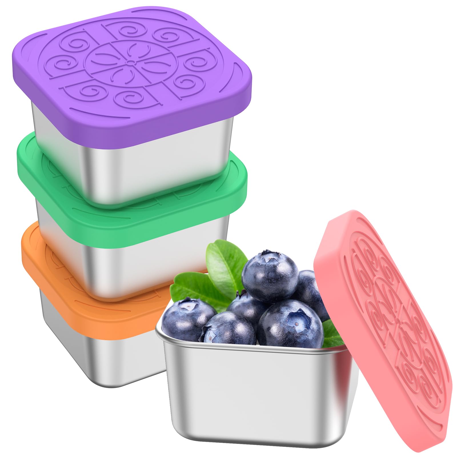 Drbit 4 Pcs Stainless Steel Snack Container With Silicone Lids 6Oz Sauce Container Leakproof Food Storage Container Reusable Snack Cup Stackable Dressing Container Portable Snack Box Set For Kids