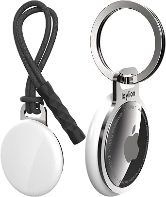 2 Pack laylion Air Tag Keychain for Apple Airtags Holder, Mirror Polished Stainless Steel Ring Minimalist Slim Thin AirTag Secure Case with Strap Installed at The Gap of Battery Cover