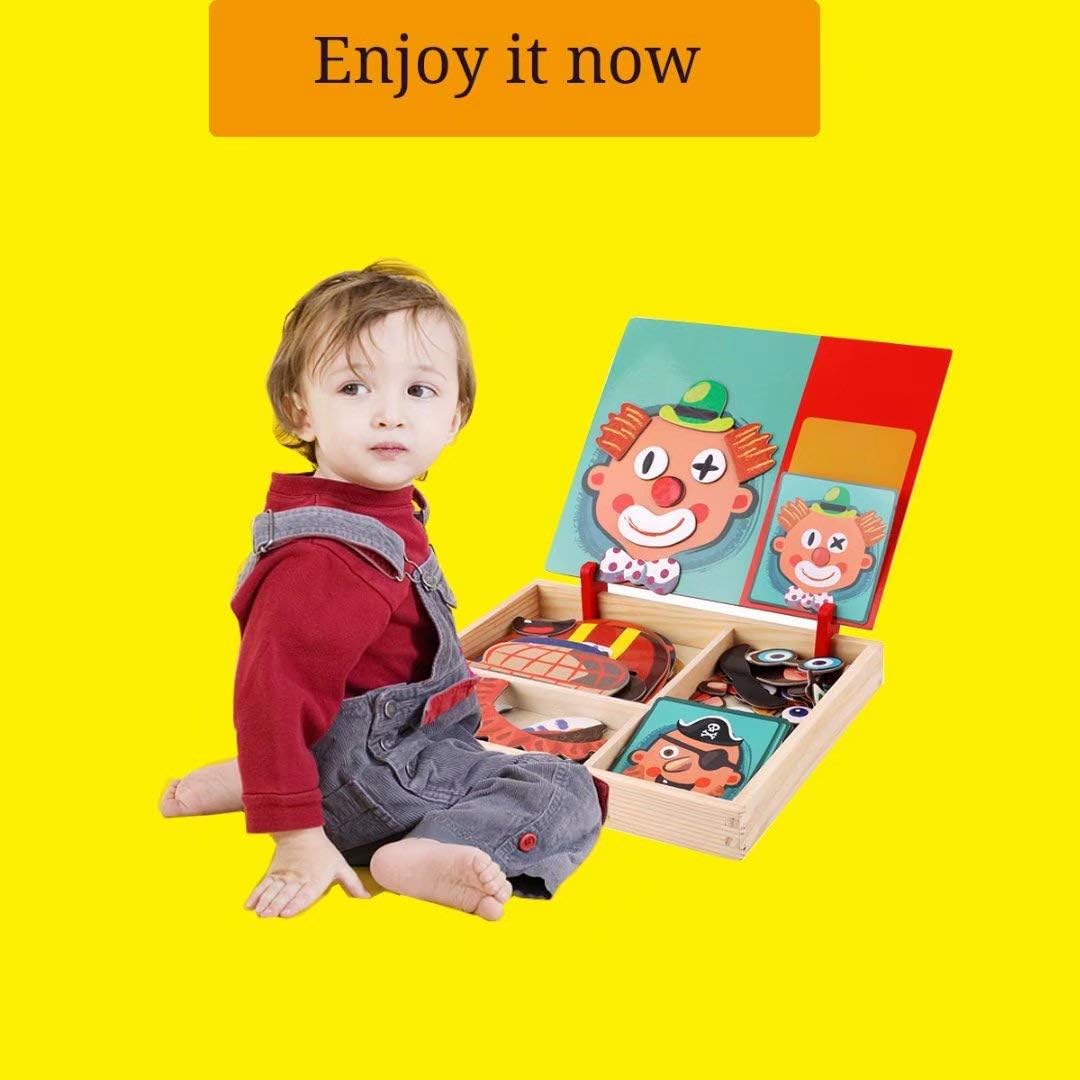 QIAONIUNIU Wooden Magnetic Jigsaw Puzzles Toy, Toddler Craft Toys Educational Travel Puzzle Games Double Sided Drawing Easel for Boys and Girls