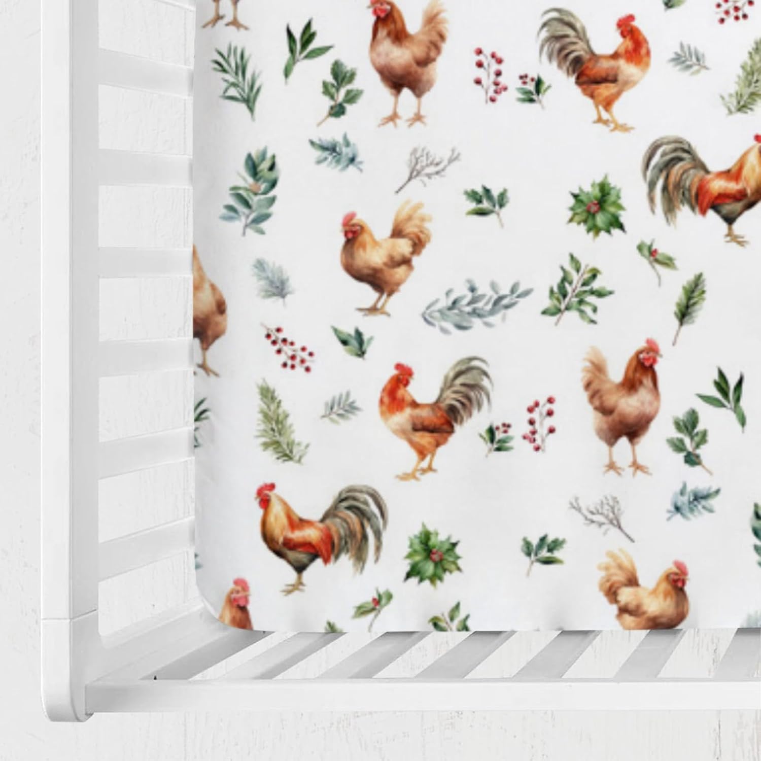 Farm Rooster Hens Boho Leaves Baby Crib Sheets 52''x28'' Cute Chichen Farm Animals Fitted Crib Mattress Sheet for Boy Girl Soft Nursery Bed Crib Sheets for Standard Toddler Mattress