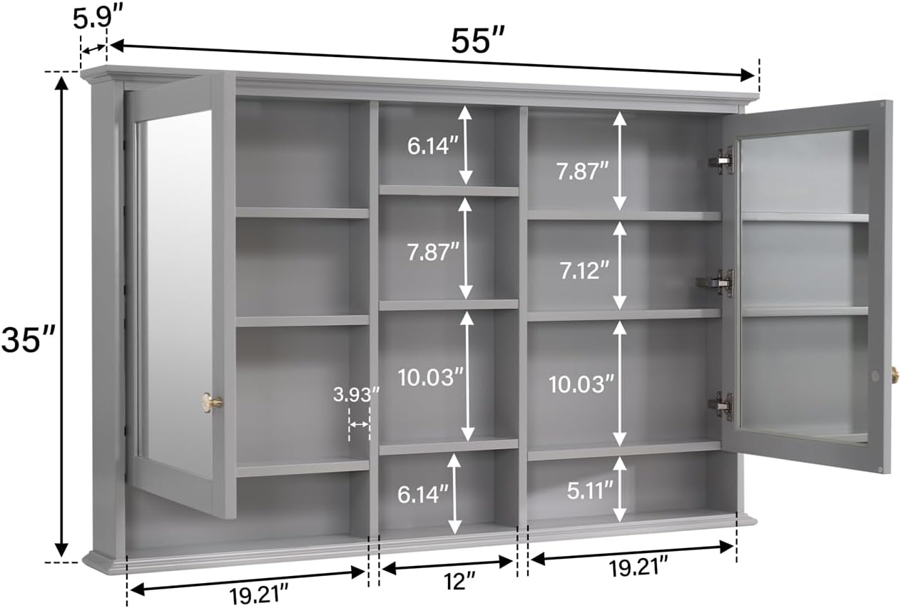 Detailed dimensions of the WELLFOR 55x35 inch medicine cabinet