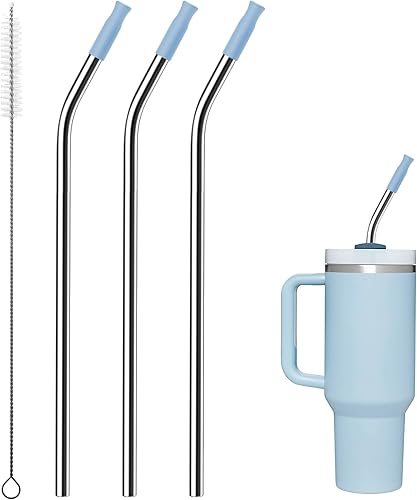Prurex Paquete de 3 pajitas flexibles de acero inoxidable para vaso de 40 onzas, con las puntas de silicona del mismo color del vaso Stanley de 40