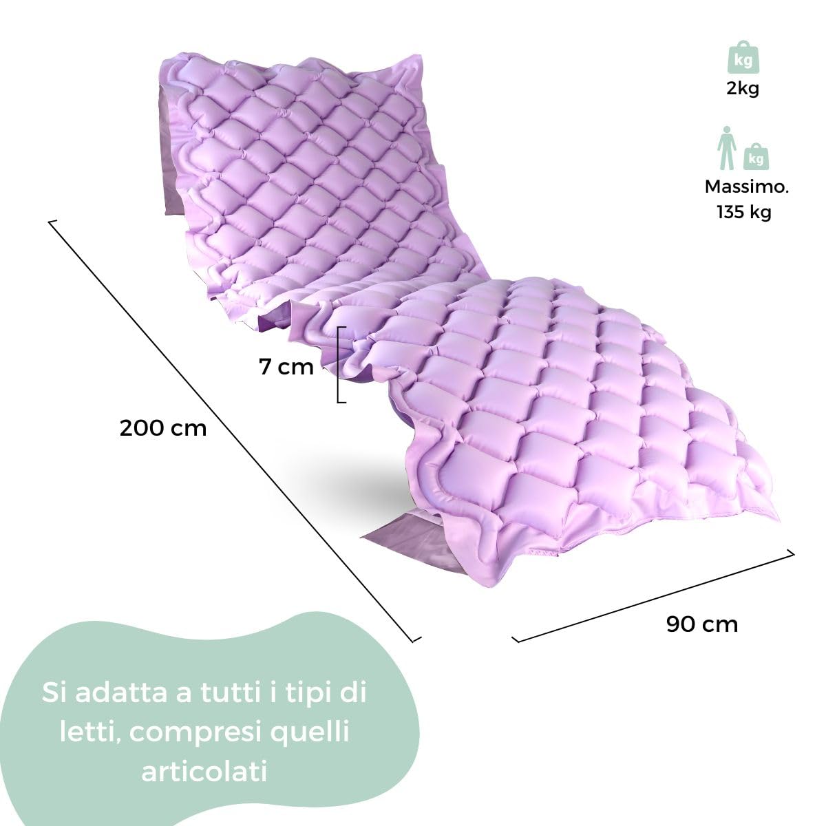 Mobiclinic®, Materasso Antidecubito ad Aria Alternata | Compressore Silenzioso (33-34 dB), 200 x 90 cm, Fino a 135 kg, Grado I, 130 Celle, PVC Medico Ignifugo, Lilla, Mobi 1