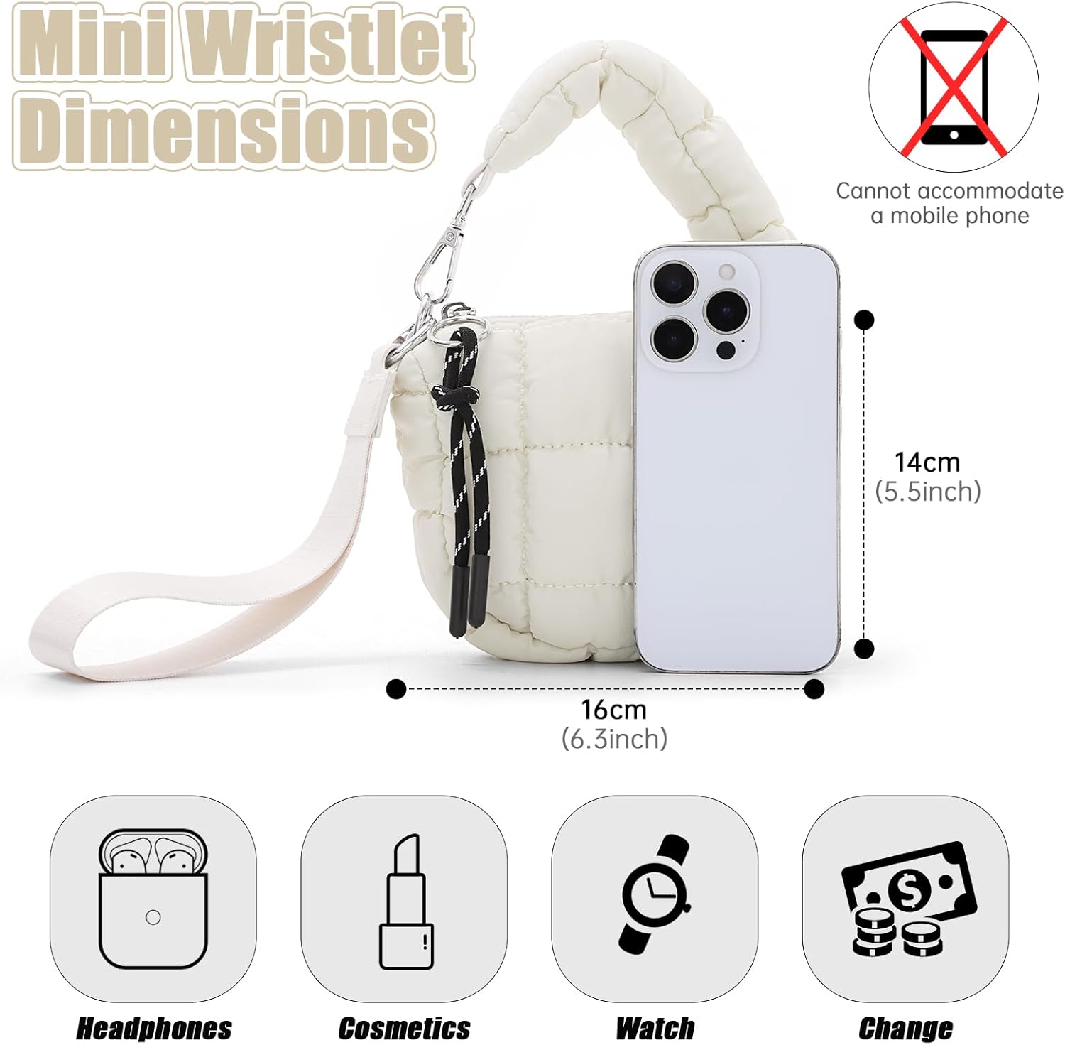 SUKUTU Mini Quilted Wristlet Bag for Women Cute Puffer Earphone Purse Bag Charm Pouch - Image 3