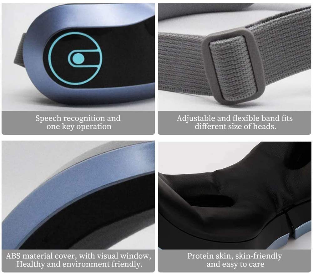 Masajeador de ojos con calor, vibración, masaje con bolsa de aire, masajeador de terapia de ojos recargable con música Bluetooth for aliviar la tensión ocular, círculos oscuros, bolsas de ojos,