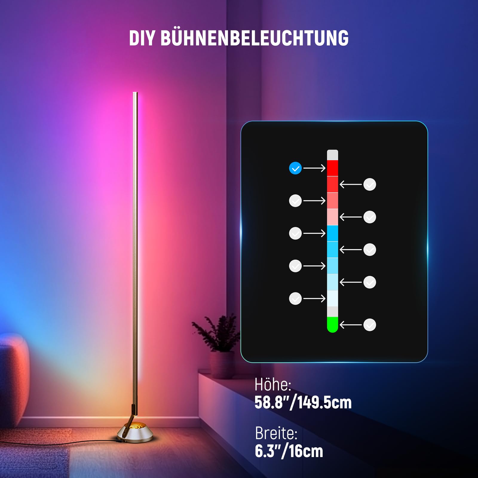 NEEWER Smart RGB IC W Stehlampe, 1500lm LED Eckleuchte kompatibel mit Alexa Google, APP Steuerung/AI DIY/Musiksynchronisation/16 Millionen Farben, Licht für Wohnzimmer Schlafzimmer Dekor, NF01