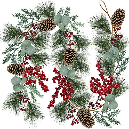 6' Long Christmas Artificial Pine Needle Garland Wired Rustic Twig Vine Birch Garland with Assorted Faux Red Berries Eucalyptus Leaves Natural Pine Cones Fir Sprigs Garland Holiday Season Winter Decor