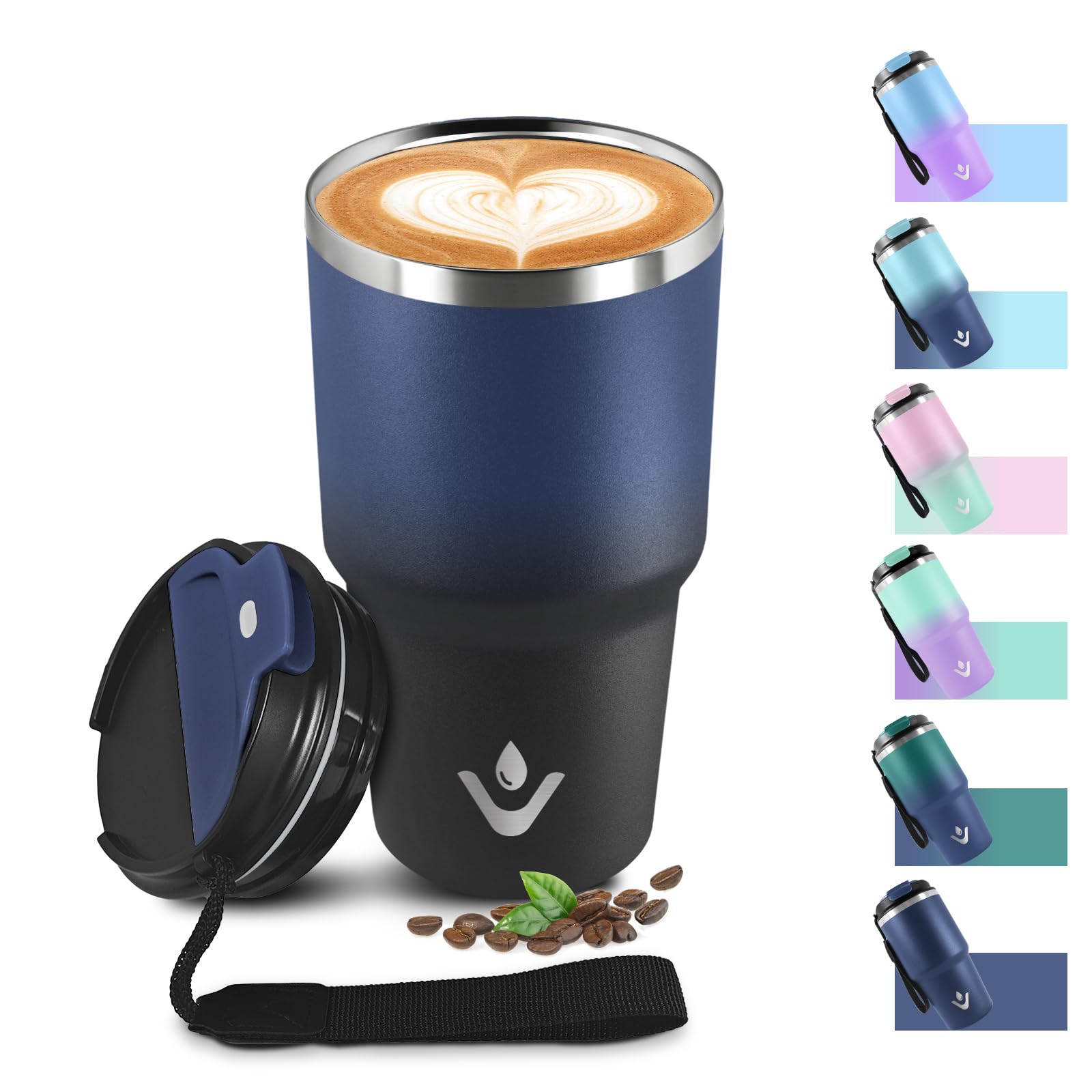 Kollykolla Dunkelblau + Schwarz Kaffeebecher 600Ml, Edelstahl Travel Mug, Doppelwandig Vakuum Isolierbecher Mit Deckel, Auslaufsicher Kaffeetasse, Vakuum Thermosflasche, Kompakt Passend Für Autotassenhalter Kaffee-To-Go, Autobecher
