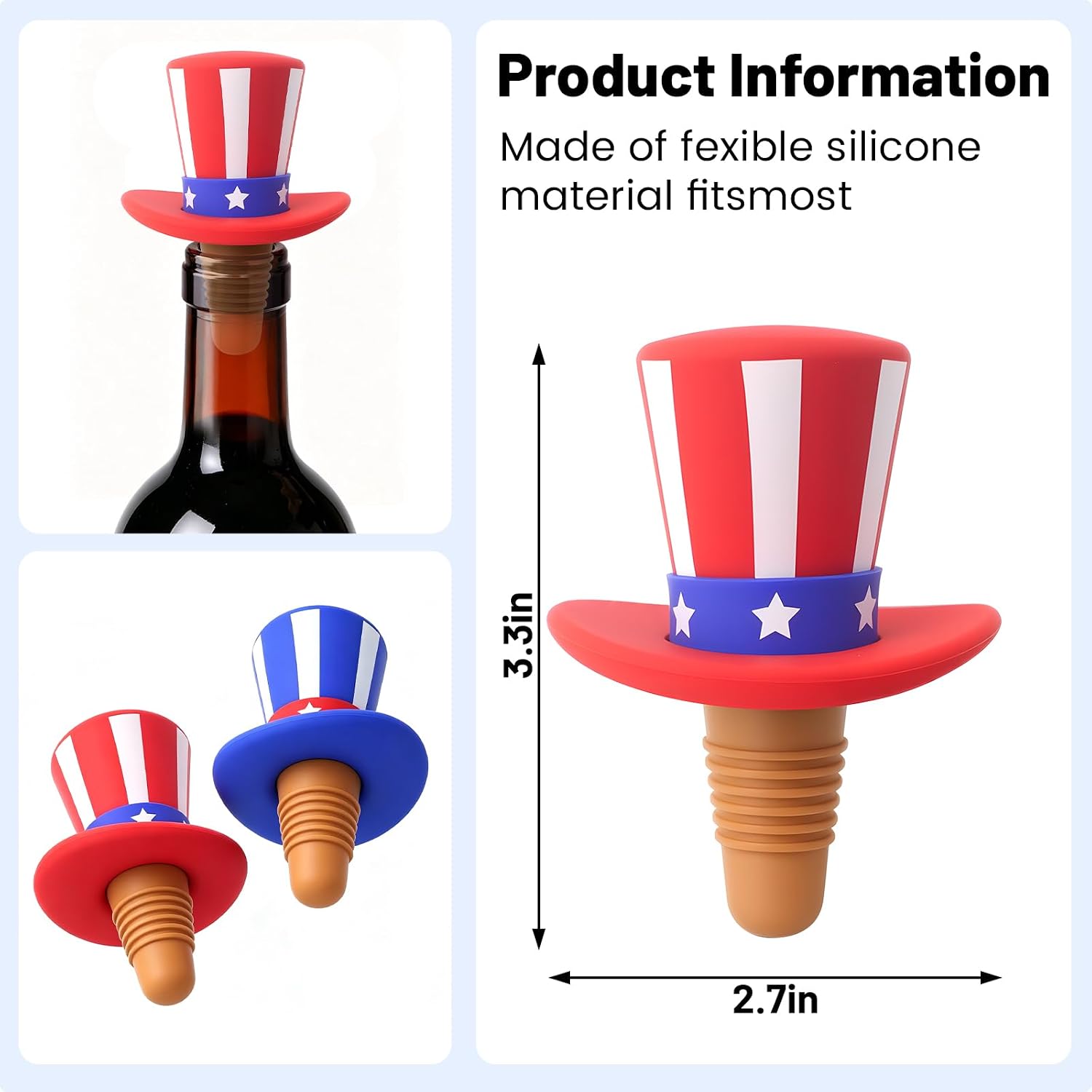 2 Pack Top Hat Wine Stopper, Silicone Wine Stoppers for Wine Bottles, Funny Gifts for Men and Women – Perfect for Independence Day & 4th of July Celebrations (Blue & Red)