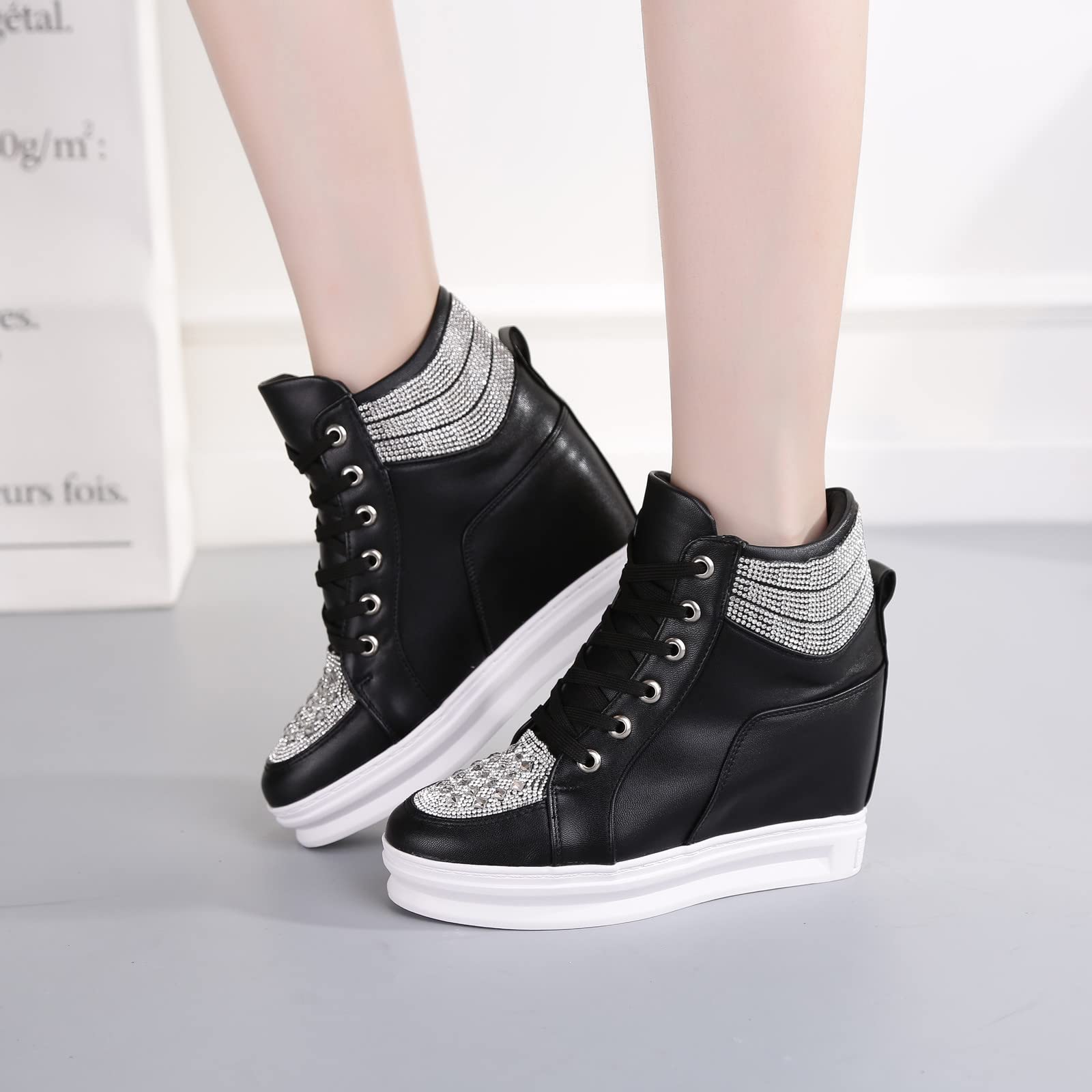 rismart Plataforma Botines Mujer Brillantina High-Top Moda Cuñas Zapatillas con Cordones