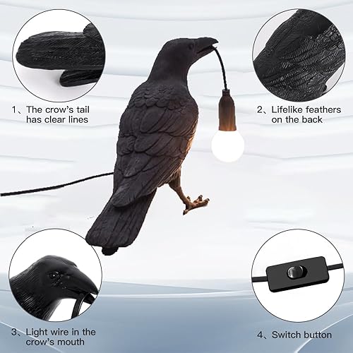 Miniatura 4 de Raven - Lámpara de mesa - Lámpara de escritorio de cuervo - Lámpara vintage de pájaro de resina - Luz de mesa de pájaros para sala de estar, mesita