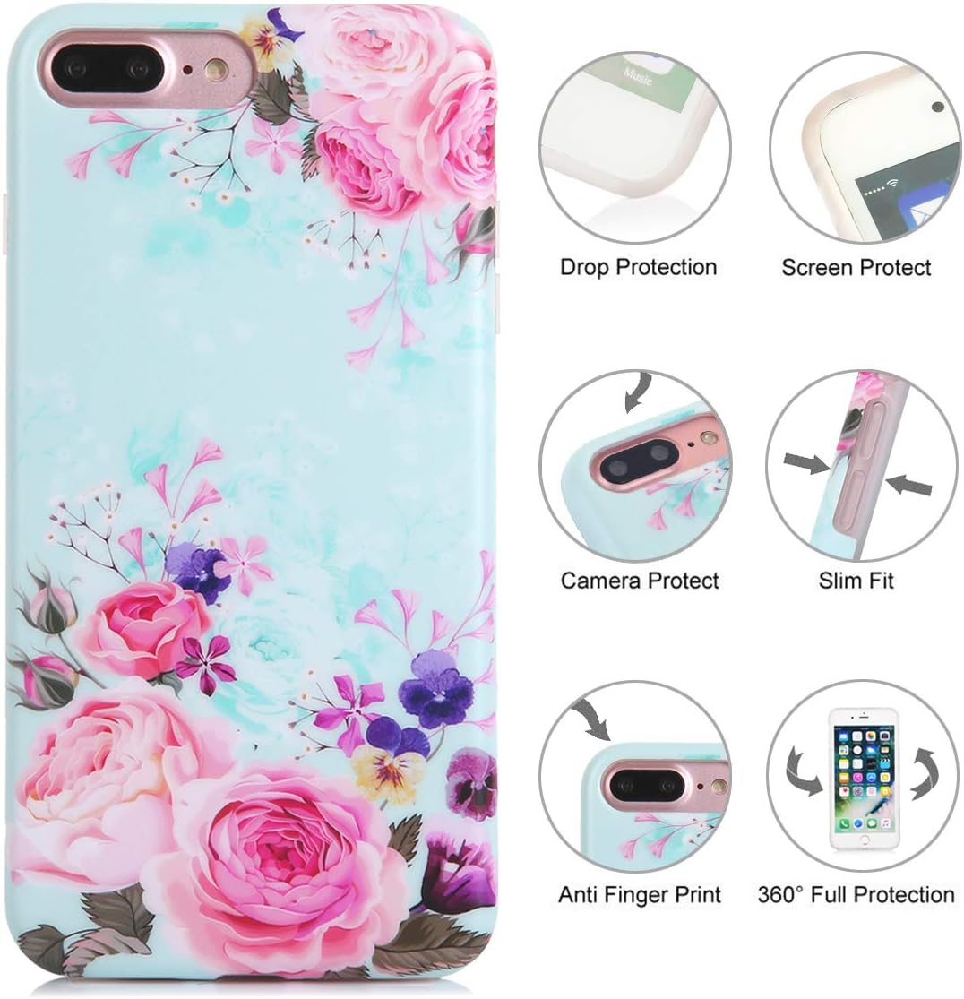 TRENSOM iPhone 8 Plus Case iPhone 7 Plus Case for Women Matt Protective Case with Design, Cute Slim Bumper Case, Pink Roses Floral Pattern IMD, Flexible Shockproof Phone Cases Blue Purple Flowers