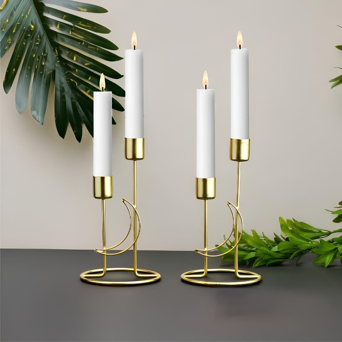 Metal ZS and SONS Set of 2 Moon Design Two T Light Gold Candle Holder for Home Decoration/Candle Stand/Candlestick Table Centerpiece Dinner Ornament Golden Home Decor/Diwali Decoration