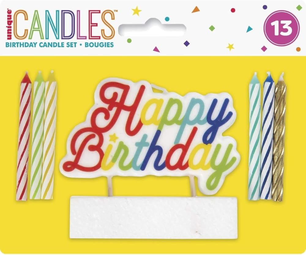 Vibrant Multi-Colored Birthday Candle Set with Large "Happy Birthday" Pick - (Pack of 13) - Premium Quality & Eye-Catching Design - Great for All Ages & Celebrations
